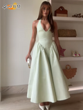 Ifomt Elegant V Neck Green Long Dresses Women Fashion High Waist A-line Halter Midi Vestidos New Summer Lady Evening Party Dress 2025