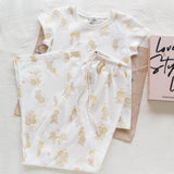 Ifomt New Deer Print T-shirts+Eyelet Long Pant Women Summer Cotton Cute Pajama 2 Piece Set Sweet Vintage Home Trouser Two Sets Y2K