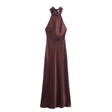 Ifomt Women's Sexy Satin Long Robes Round Neck Halter Lace Up Fashion Vestidos Summer Lady Sleeveless Open Back Maxi Gowns Party Dress