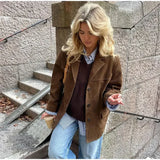 IFOMT Spring Outfits Casual Brown Lapel Pocket Suede Leather Jacket Fashion Woman Single Button Long Sleeve Crop Coat 2025 Lady Autumn Street Outwear