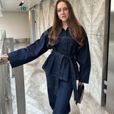 Ifomt Retro Belt Denim Pants Set Women Lapel Pockets Long Sleeved Jacket Zipper Straight Leg Jeans 2025 Spring High Street Female Sets