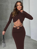 IFOMT Fall New Skirts Suit Solid Color Long Sleeve Crop Top Twist Ruched Slim Lace Up Sexy Navel Exposed Skirt Matching Sets