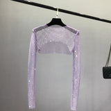 IFOMT Mesh Ironing Diamond Women Cover Up Beach Asymmetric See-through Long-sleeved Tshirts Hot Girl Sexy Hollow Shrug FemmeChristmas Gifts