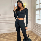 IFOMT Casual Winter Outfits V Neck Knit Rib Long Sleeve Button Crop Top Long Wide Legs Pants Women'S Sets Casual Clothes Y2K Streetwear 2024 Fashion