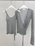 Ifomt Sweet Solid Thin Slightly Transparent Two-piece Suit Women Casual Sexy Slim Long Sleeve Cardigan + Suspenders Vintage Chic Tops