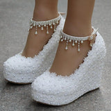 IFOMT  Crystal Queen White Wedges Wedding Pumps Sweet White Flower Lace Pearl Platform Pump Shoes Classic Bride Dress High Heeled Lady