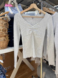 Ifomt Bow Gray V-neck Long Sleeve Tees Lace Trim V-neck Tight Women T-shirt Autumn Spring Solid Color Casual Crop Top Y2K Tight Tshirt