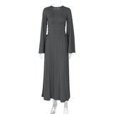 IFOMT Autumn Lace Up Maxi Dress Women's Fashion Slim O Neck Long Sleeve A Line Hem Dress Casual Loose Commuting Elegant Dress