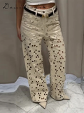 Ifomt Sexy Hollow Out Jean Women White Flower Baggy Hole Zipper Pocket Straight Long Pants Female 2025 Summer Elegant Lady Streetwears
