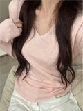 Ifomt Pink Sweet Simple Knitting Tops Woman New Autumn Spring Long Sleeve Thin Sweater V-neck Slim Chic Y2K Female Pullovers 2025