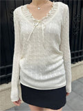 Ifomt Beige Twisted Flower Thin Knitted Sweater Women Preppy Style V-Neck Long Sleeve Jumpers Spring Sweet Cute Sweater Y2K Tops New