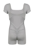 IFOMT Spring Outfits Shirring Backless Square Collar Short Sleeve Skinny Sexy Gray Rompers Womens Playsuit Black Rave Summer Baddie Outfits