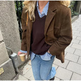 IFOMT Spring Outfits Casual Brown Lapel Pocket Suede Leather Jacket Fashion Woman Single Button Long Sleeve Crop Coat 2025 Lady Autumn Street Outwear