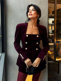 IFOMT Party Otufit Elegant  Burgundy Velvet 3 Piece Set Women V Neck Vest Square Neck Long Sleeve Jacket Shorts Suit Lady 2025 Spring Chic Outfits
