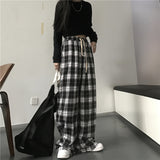 IFOMT Oversize Women Sweatpants Fashion Black Plaid Casual Pants Baggy Elastic Waist Pockets Student Unisex Hip Hop Loose Trousers