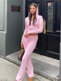 IFOMT Women Spring Outfits Casual Zipper Sweater Hoodie Set High Waist Flare Pants Suits Pink Knitted Womens Y2k Two Piece SetChristmas Gifts