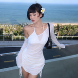 IFOMT Off-Shoulder Sexy See-Through Drawstring Dress For Women Long Sleeve Solid Summer Hot Girl Club Party Mini Bodycon Dress