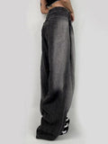 IFOMT Washed Contrast Waist Pleated Relaxed Leg Boyfriend Jeans