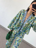 IFOMT Party Otufit Fashion Print Two Piece Sets Women Trendy Loose Long Sleeve Lace Up Shirts Wide Legs Trousers 2 Piece Set Female Commuting Suits