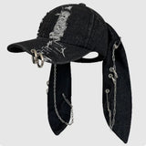 Ifomt Niche Y2k Rabbit Ears Denim Ripped Baseball Cap Men and Women Dark Personality Metal Ring Street Trend Adjustable