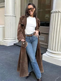 IFOMT Female Retro Jacket Elegant Brown Belted Waist Long Coat Double Breasted High Street Autumn Fashion Full Sleeve OutwearChristmas Gifts