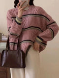 IFOMT Contrast Color Striped Cable Knit Sweater