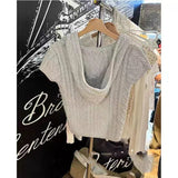 Ifomt American Retro Gray Fried Dough Twists Hooded Sweater Spring Autumn Short Sleeve Knit T-shirts V-neck Loose Y2K Streetwear Top
