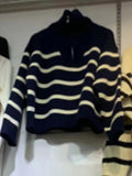 IFOMT Stripe Splice Lapel Neck Half Zip Sweater