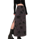 IFOMT Outfit Women's Y2K Vintage Gothic Darken Aesthetic Floral Print High Waist Split A-Line Long Skirts Club Streetwear