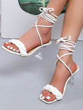 IFOMT Lace-Up Open Toe Split-Joint Square-Toe Pumps Sandals