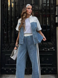 Ifomt Striped Short Sleeved Pants Sets Women Patchwork Lapel Zipper Jacket Elastic Waist Straight Trouser 2025 Summer Casual Lady Suit