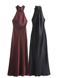 Ifomt Women's Sexy Satin Long Robes Round Neck Halter Lace Up Fashion Vestidos Summer Lady Sleeveless Open Back Maxi Gowns Party Dress