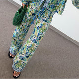 IFOMT Party Otufit Fashion Print Two Piece Sets Women Trendy Loose Long Sleeve Lace Up Shirts Wide Legs Trousers 2 Piece Set Female Commuting Suits