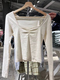 Ifomt V Neck Slim Long Sleeve T-shirts Fashion Tight Folds Basic Crop Top Woman Spring Solid Color Casual Street Y2K Summer Tees