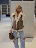 IFOMT Suede Leather Thick Fleece Jacket Autumn Winter Women Splice Sleeveless Faux Shearling Jackets Vest Y2K Cardigans CoatsChristmas Gifts