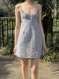 Ifomt Blue Plaid V-neck Mini Dress Women Summer Casual Buttons Lace Trim A-line Short Vestidos Vintage Sweet Preppy Style Y2K Dresses