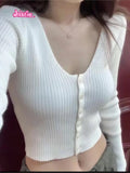 Ifomt Beige Pit Stripe Knitting Long Sleeve Coats Top Woman Solid Color Simple Sweet Auutmn Winter Jacket V-neck Tight Short Sweater