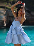 Ifomt Elegant Square Neck Ruffles Layer Hem Blue Mini Dress Fashion Sleeveless Backless A-line Vestidos Casual Holiday Summer Dresses