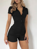IFOMT Spring Outfits Solid Button Up Turn Down Collar Short Sleeve Slim Ribbed Rompers Womens Playsuit Basic Vintage Casual Summer Shirts