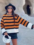 IFOMT Party Otufit Elegant Turtleneck Women's Sweater Orange Striped Patchwork Knitted Pullovers Knitwear Long Sleeved Top 2024 Autumn Loose Jumper