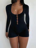 IFOMT Spring Outfits Hollow Hook Front Skinny Sexy Black Rompers Womens Black Solid O Neck Long Sleeve Autumn Winter Playsuit Basic Baddie Outfits