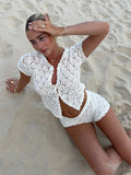 Ifomt Elegant Crochet Hollow Out O Neck Knitted Shirt Set Women Fashion High Waist Short Pants Suit New Ladies Holiday Outfits Summer