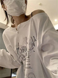 IFOMT T-shirt Fairy Grunge Letter Print Tops Black Autumn Off Shoulder Long Sleeved Korean Tee Loose Harajuku Baggy Shirts Woman Y2K