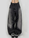 IFOMT Washed Contrast Waist Pleated Relaxed Leg Boyfriend Jeans