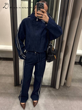 Ifomt Street Denim Stripe Pants Set Women Long Sleeve Stand Collar Pocket Zipper Jacket Suit 2025 Straight Lace Up Casual Jeans Sets