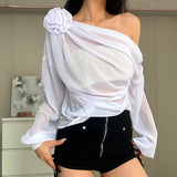 IFOMT Folds Flower Cover Ups For Women Mesh Sheer Long Sleeve Oversized Shirts Ladies Beach Sexy See Through Cover-up Femme New