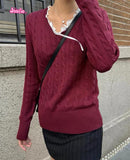 Ifomt 2025 American V-neck Sweater Twist Pullover Long Sleeve Sweater Girls Fashion Streetwear Solid Color Versatile Loose Y2K Top