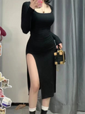 IFOMT Ribbed Solid Long Sleeve Square Neck Mid Length Dress Sexy Side Slit Evening Party Elegant Vestido  Ladies Dresses Bodycon