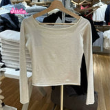 Ifomt Off Shoulder Slim Knit Crop Tops Long Sleeve Edge Curl Beige Gray Tight Autumn Sweater Y2K Streetwear Short Pullovers 2025 New