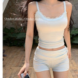 Ifomt Lace Trim Summer Tank + High Elastic Shorts Sets 2pcs Camis High Waist Trouser Hot Sweet Suit Homewear Y2k Street Women Outfits